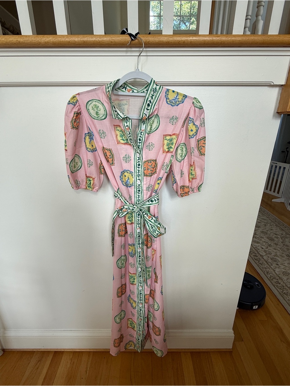 Pink Printed Tie-Waist Maxi Shirt Dress with Green Trim